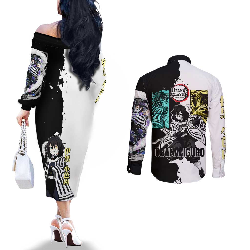 Obanai Iguro from Demon Slayer Couples Matching Off The Shoulder Long Sleeve Dress and Long Sleeve Button Shirt with Black and White Contrast Background and Serpent-Themed Manga Style Design - The Mazicc