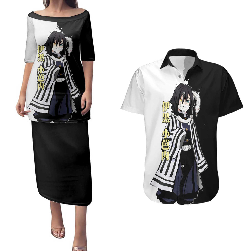 Obanai Iguro from Demon Slayer Couples Matching Puletasi and Hawaiian Shirt with Black and White Contrast Background and Serpent-Themed Manga Style Design - The Mazicc