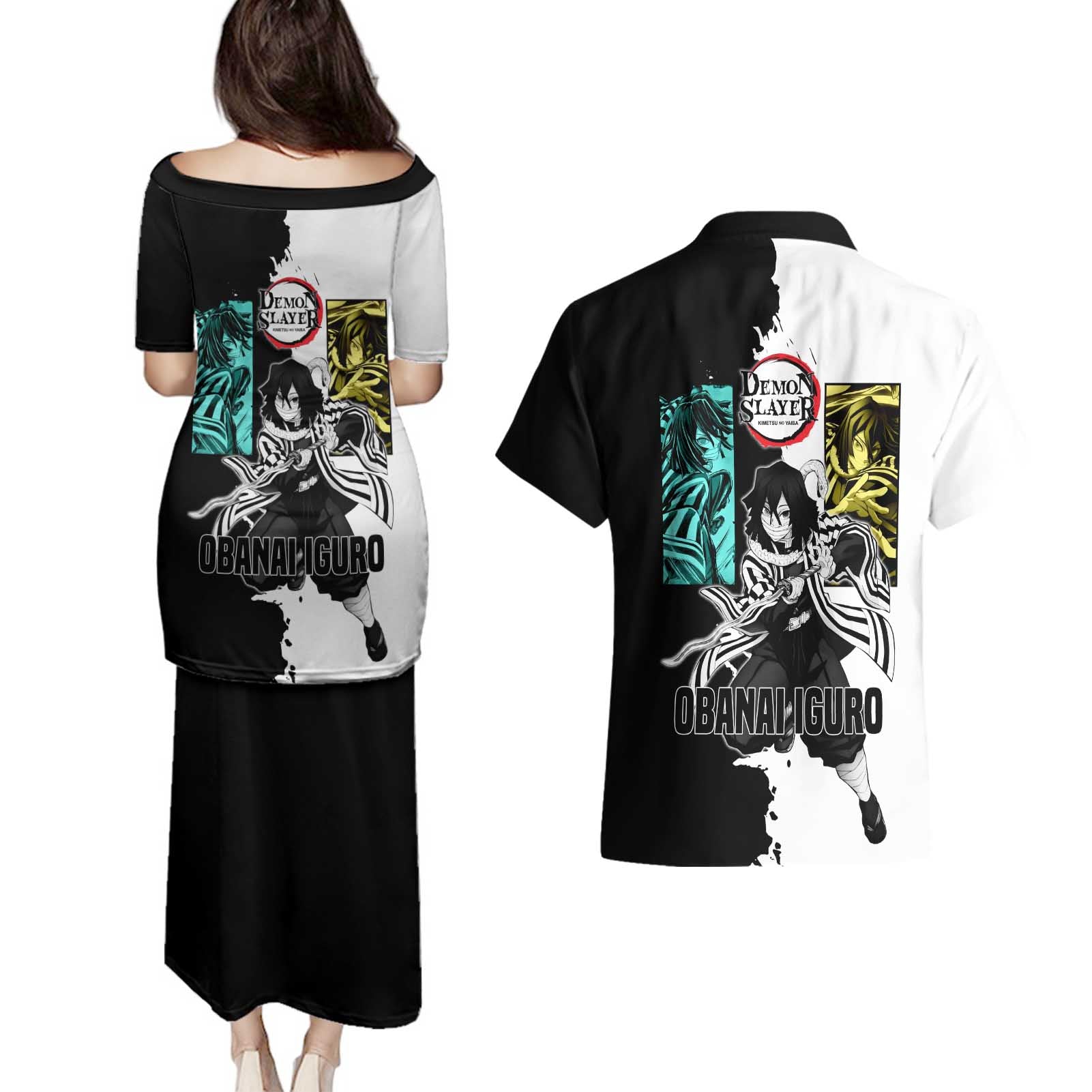 Obanai Iguro from Demon Slayer Couples Matching Puletasi and Hawaiian Shirt with Black and White Contrast Background and Serpent-Themed Manga Style Design - The Mazicc