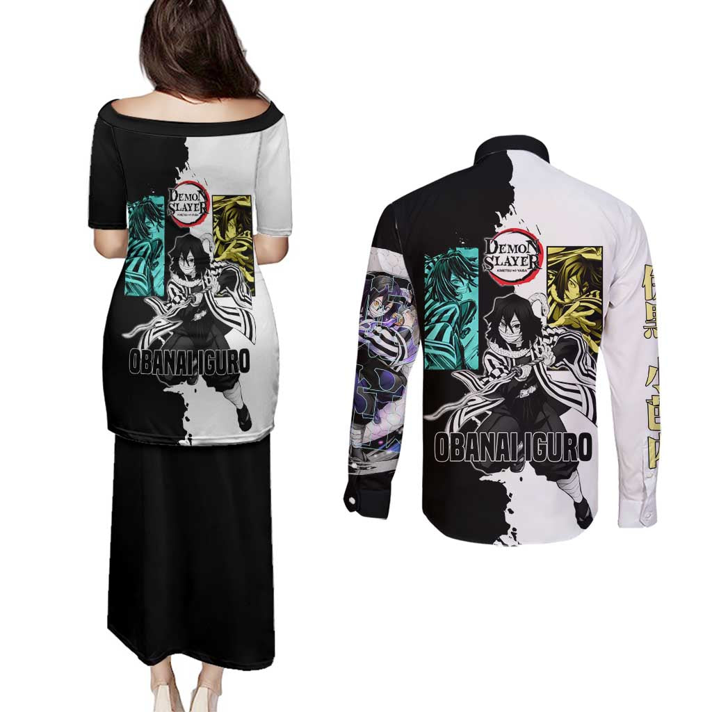 Obanai Iguro from Demon Slayer Couples Matching Puletasi and Long Sleeve Button Shirt with Black and White Contrast Background and Serpent-Themed Manga Style Design - The Mazicc