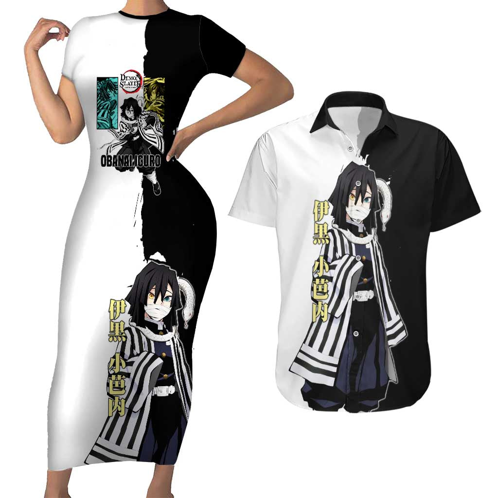 Obanai Iguro from Demon Slayer Couples Matching Short Sleeve Bodycon Dress and Hawaiian Shirt with Black and White Contrast Background and Serpent-Themed Manga Style Design - The Mazicc