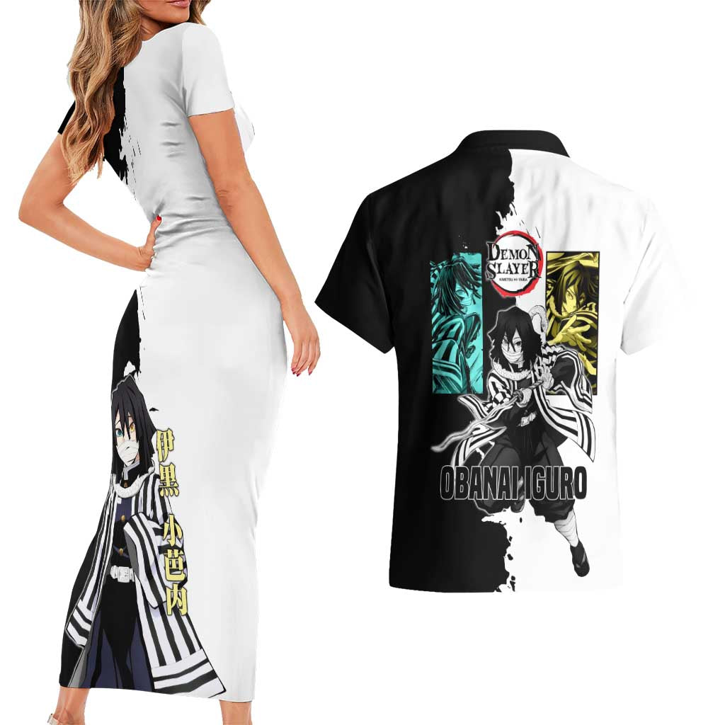 Obanai Iguro from Demon Slayer Couples Matching Short Sleeve Bodycon Dress and Hawaiian Shirt with Black and White Contrast Background and Serpent-Themed Manga Style Design - The Mazicc