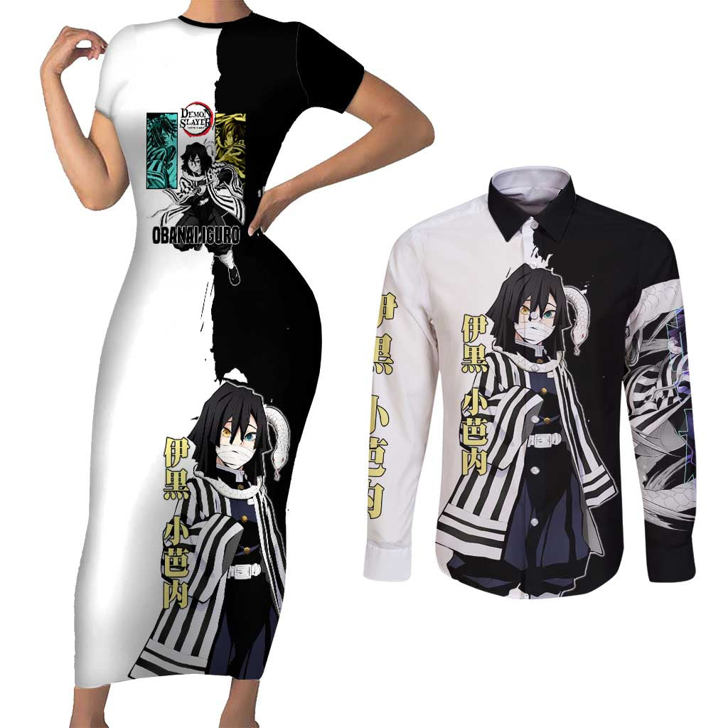 Obanai Iguro from Demon Slayer Couples Matching Short Sleeve Bodycon Dress and Long Sleeve Button Shirt with Black and White Contrast Background and Serpent-Themed Manga Style Design - The Mazicc