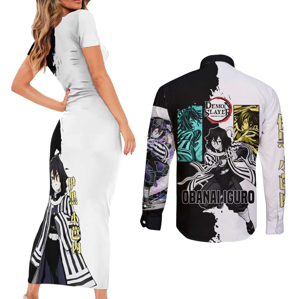 Obanai Iguro from Demon Slayer Couples Matching Short Sleeve Bodycon Dress and Long Sleeve Button Shirt with Black and White Contrast Background and Serpent-Themed Manga Style Design - The Mazicc