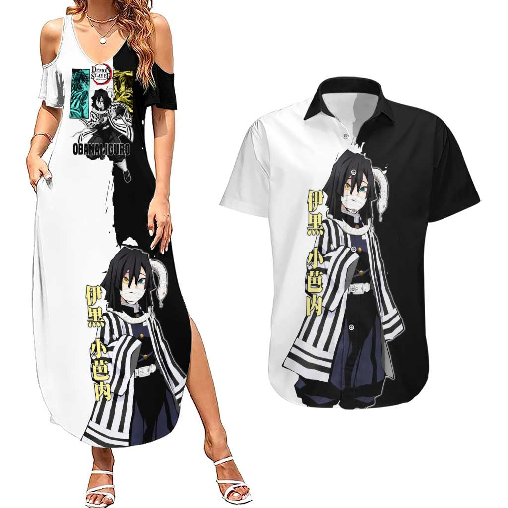Obanai Iguro from Demon Slayer Couples Matching Summer Maxi Dress and Hawaiian Shirt with Black and White Contrast Background and Serpent-Themed Manga Style Design - The Mazicc