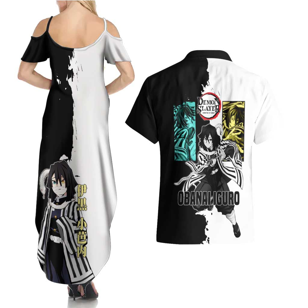 Obanai Iguro from Demon Slayer Couples Matching Summer Maxi Dress and Hawaiian Shirt with Black and White Contrast Background and Serpent-Themed Manga Style Design - The Mazicc