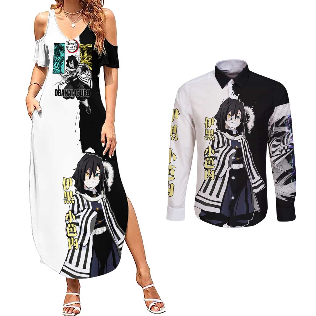 Obanai Iguro from Demon Slayer Couples Matching Summer Maxi Dress and Long Sleeve Button Shirt with Black and White Contrast Background and Serpent-Themed Manga Style Design - The Mazicc