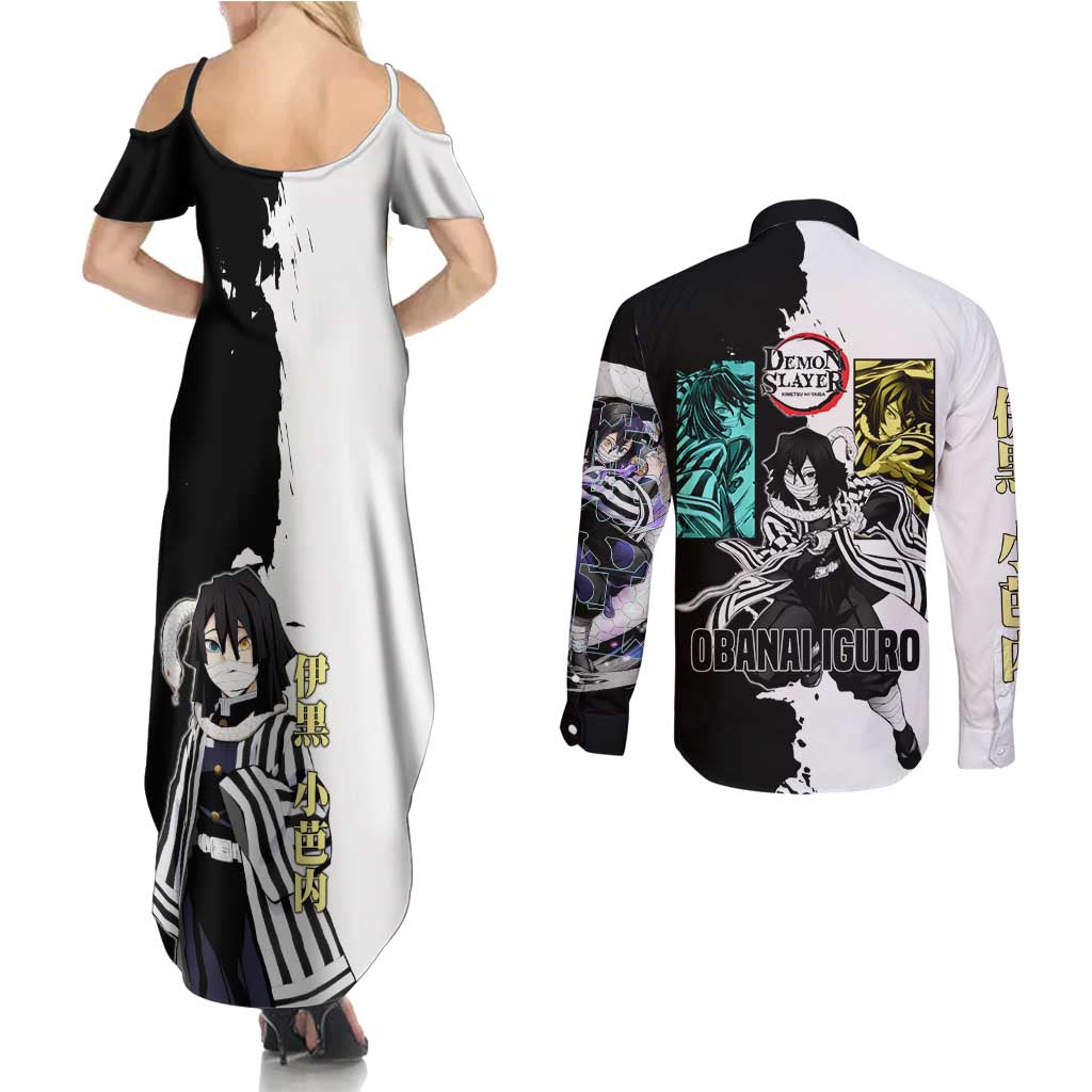 Obanai Iguro from Demon Slayer Couples Matching Summer Maxi Dress and Long Sleeve Button Shirt with Black and White Contrast Background and Serpent-Themed Manga Style Design - The Mazicc