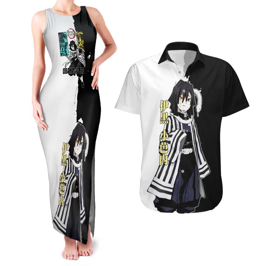Obanai Iguro from Demon Slayer Couples Matching Tank Maxi Dress and Hawaiian Shirt with Black and White Contrast Background and Serpent-Themed Manga Style Design - The Mazicc