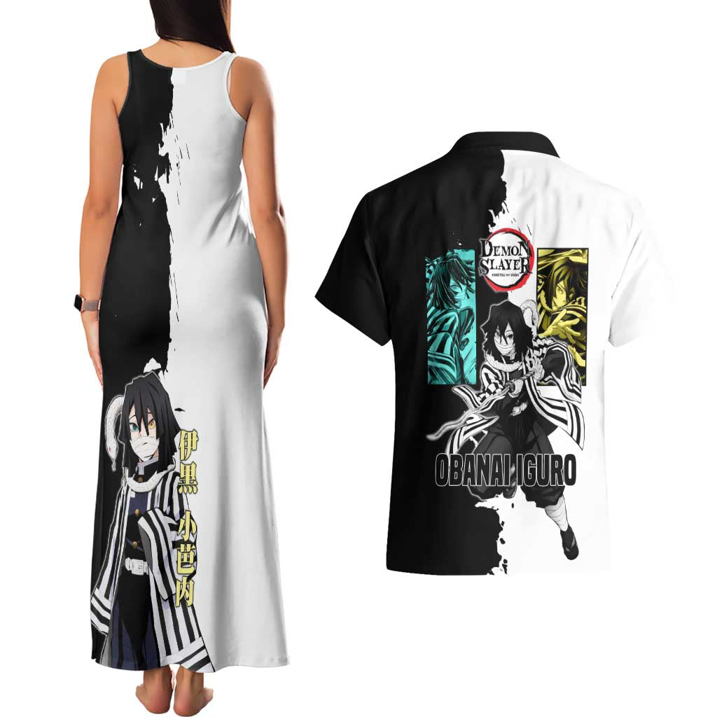 Obanai Iguro from Demon Slayer Couples Matching Tank Maxi Dress and Hawaiian Shirt with Black and White Contrast Background and Serpent-Themed Manga Style Design - The Mazicc
