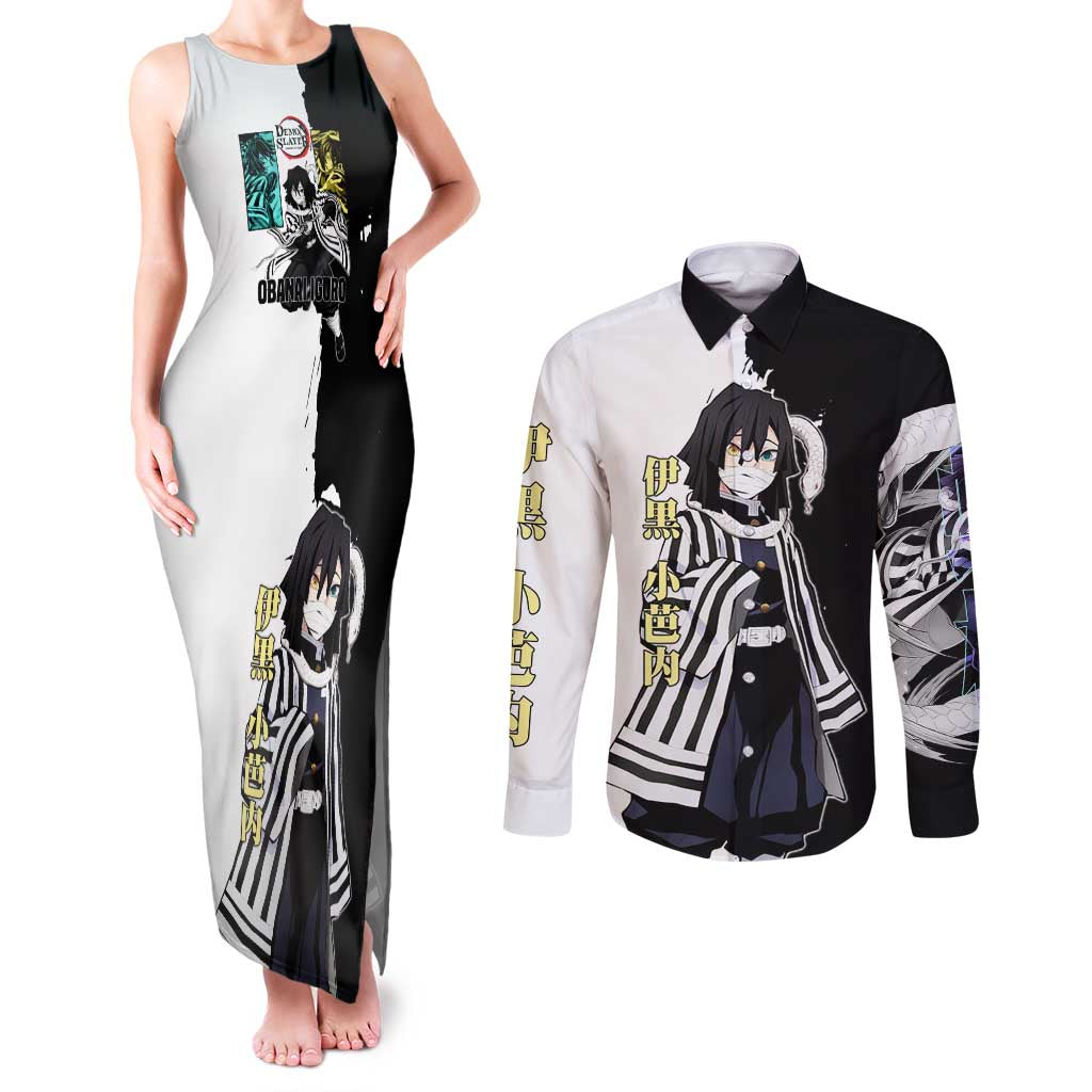 Obanai Iguro from Demon Slayer Couples Matching Tank Maxi Dress and Long Sleeve Button Shirt with Black and White Contrast Background and Serpent-Themed Manga Style Design - The Mazicc