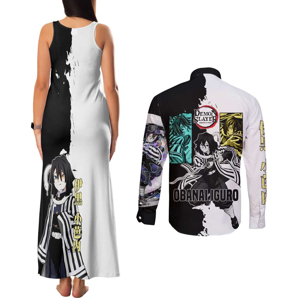 Obanai Iguro from Demon Slayer Couples Matching Tank Maxi Dress and Long Sleeve Button Shirt with Black and White Contrast Background and Serpent-Themed Manga Style Design - The Mazicc