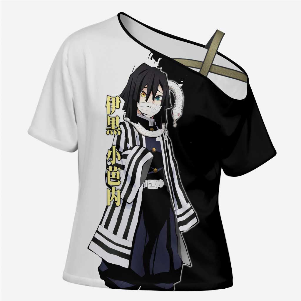 Obanai Iguro from Demon Slayer Cross Shoulder Shirt with Black and White Contrast Background and Serpent-Themed Manga Style Design - The Mazicc