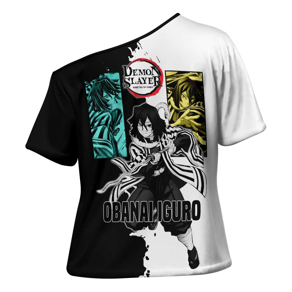 Obanai Iguro from Demon Slayer Cross Shoulder Shirt with Black and White Contrast Background and Serpent-Themed Manga Style Design - The Mazicc