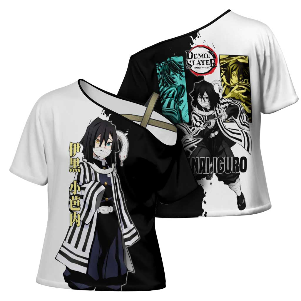 Obanai Iguro from Demon Slayer Cross Shoulder Shirt with Black and White Contrast Background and Serpent-Themed Manga Style Design - The Mazicc