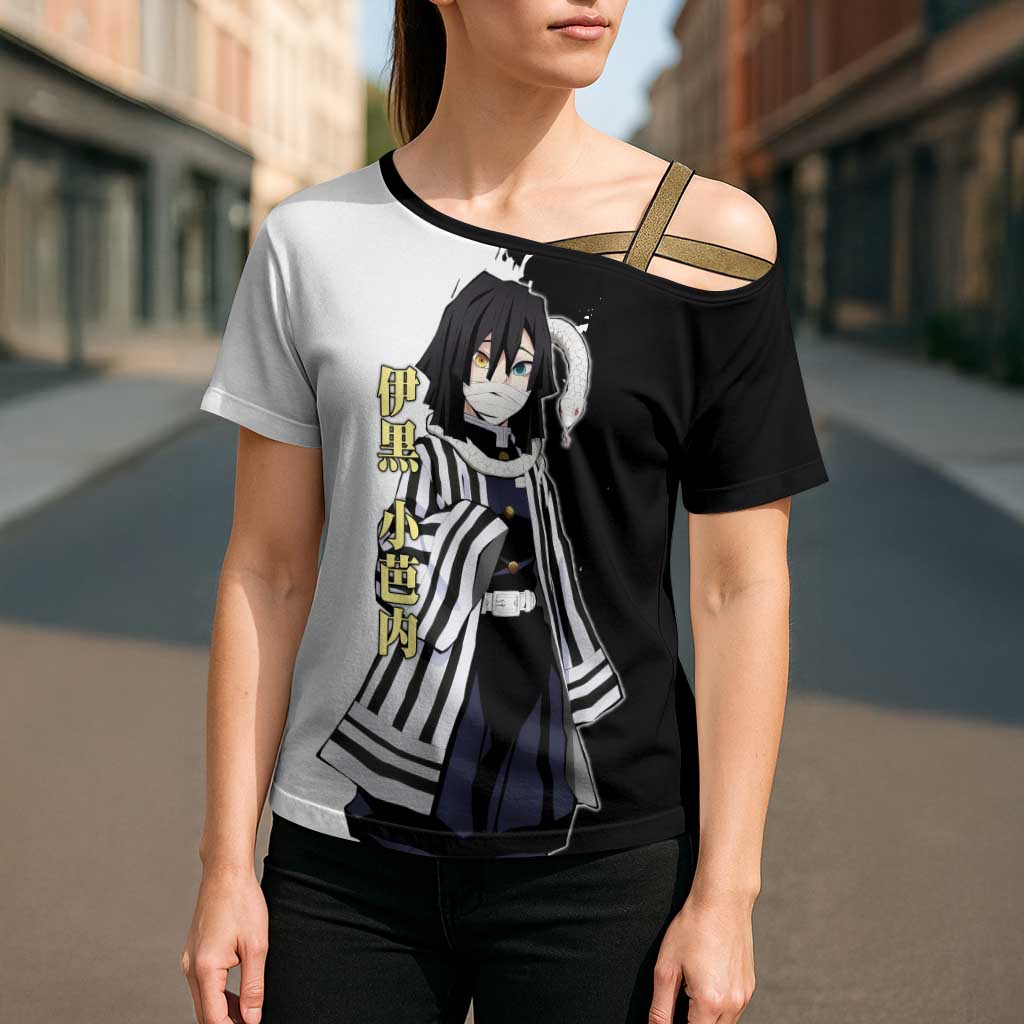 Obanai Iguro from Demon Slayer Cross Shoulder Shirt with Black and White Contrast Background and Serpent-Themed Manga Style Design - The Mazicc