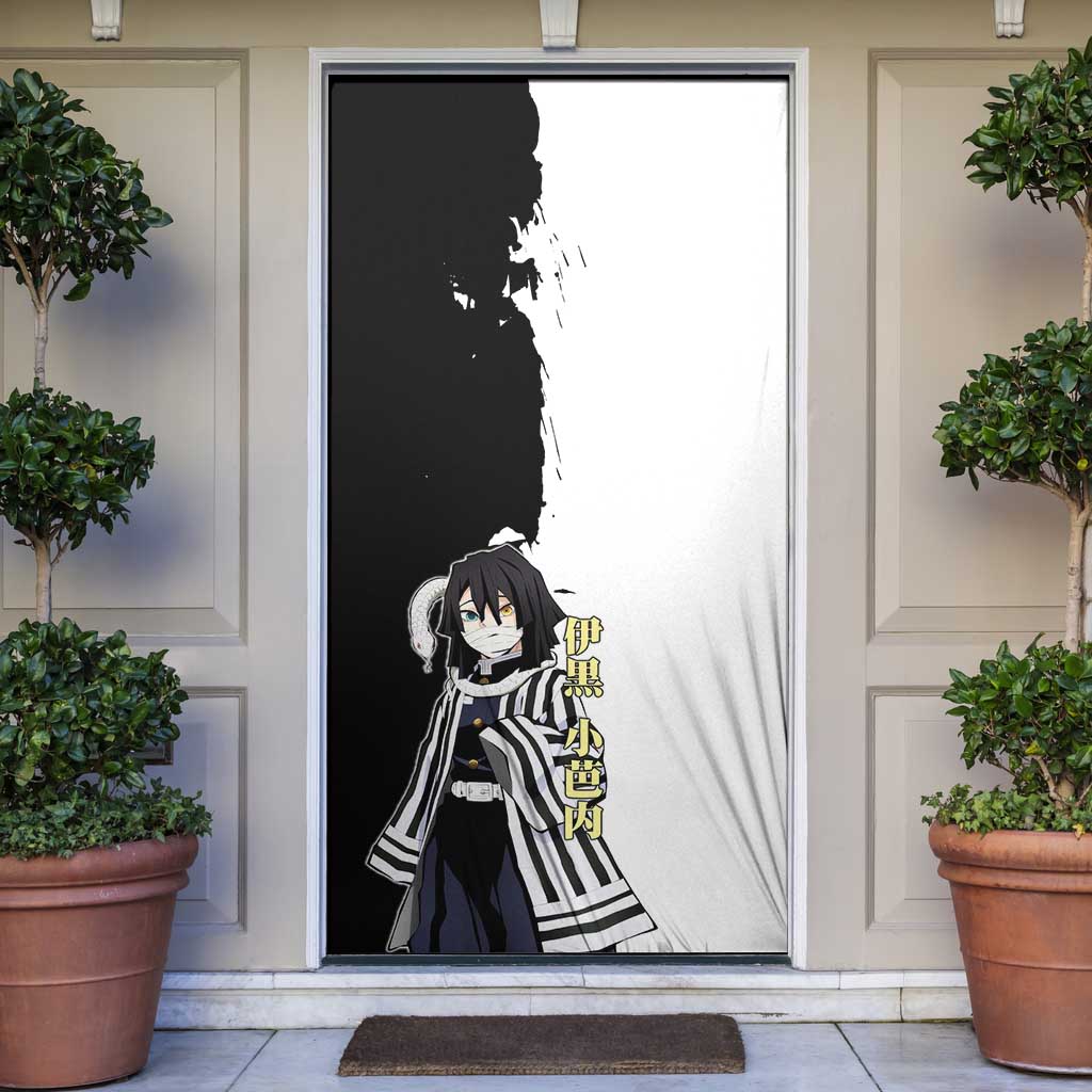Obanai Iguro from Demon Slayer Door Cover with Black and White Contrast Background and Serpent-Themed Manga Style Design - The Mazicc