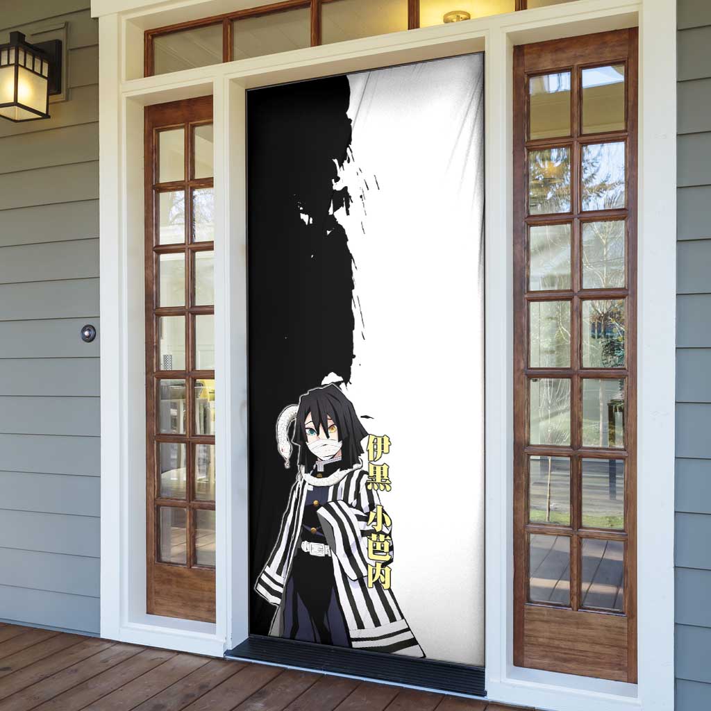Obanai Iguro from Demon Slayer Door Cover with Black and White Contrast Background and Serpent-Themed Manga Style Design - The Mazicc