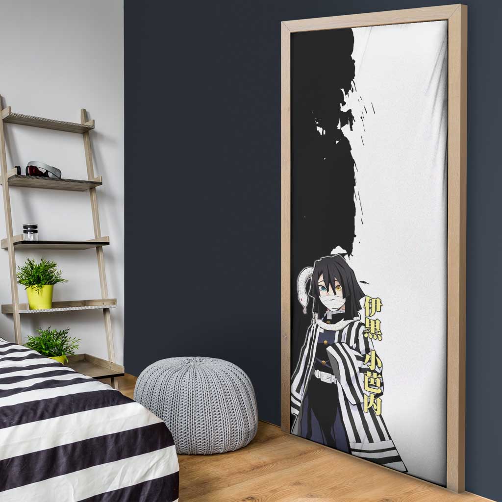 Obanai Iguro from Demon Slayer Door Cover with Black and White Contrast Background and Serpent-Themed Manga Style Design - The Mazicc