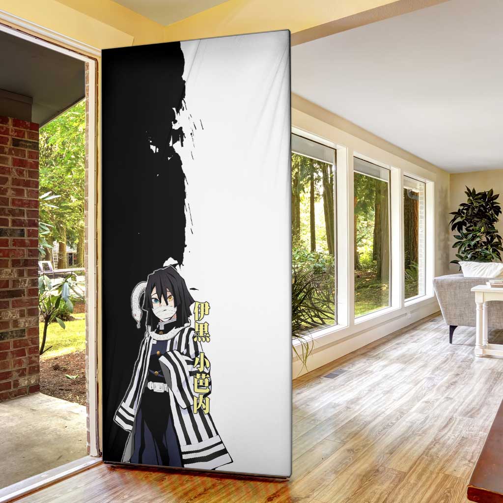 Obanai Iguro from Demon Slayer Door Cover with Black and White Contrast Background and Serpent-Themed Manga Style Design - The Mazicc