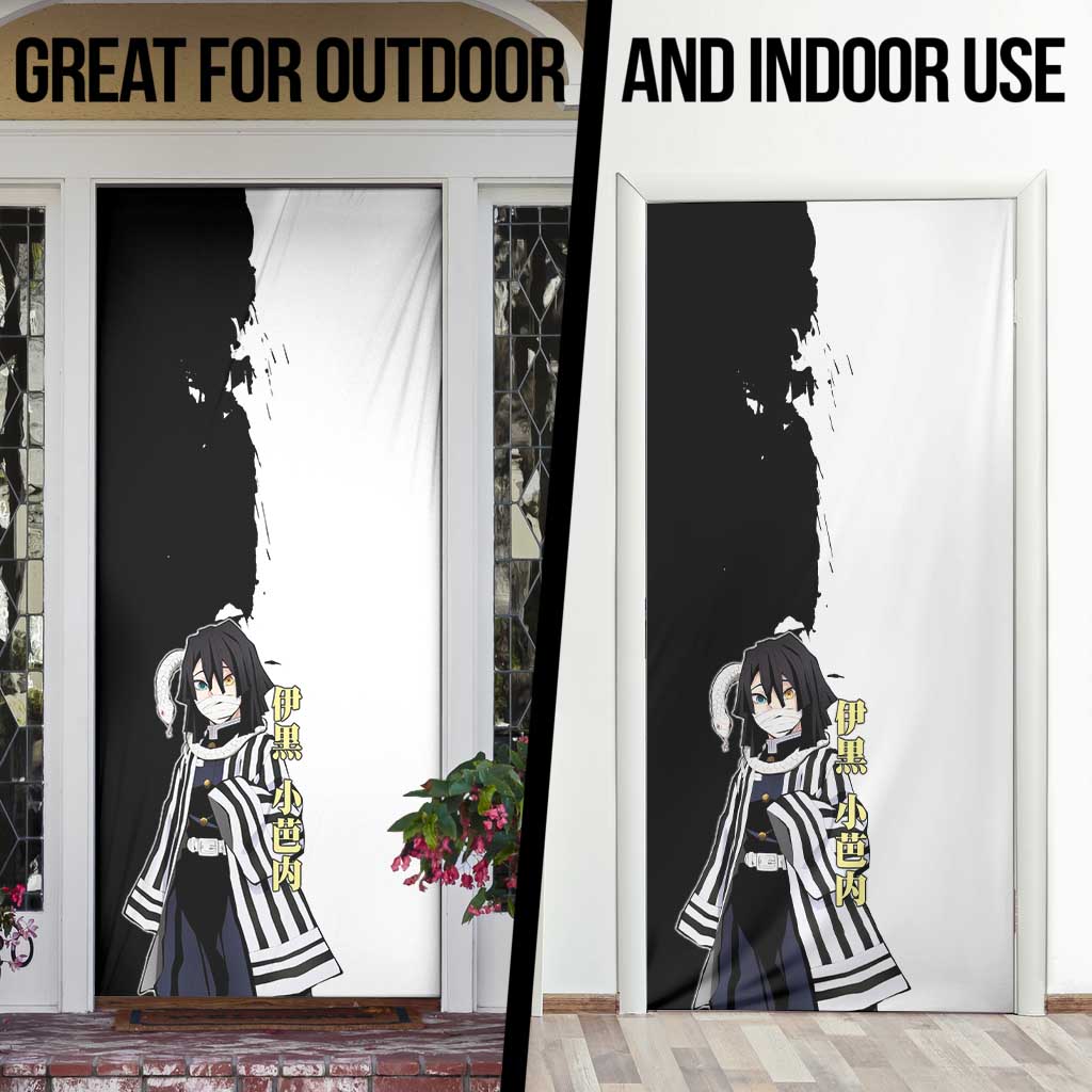 Obanai Iguro from Demon Slayer Door Cover with Black and White Contrast Background and Serpent-Themed Manga Style Design - The Mazicc