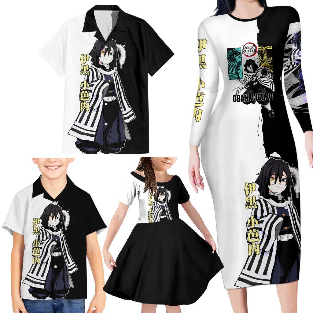 Obanai Iguro from Demon Slayer Family Matching Long Sleeve Bodycon Dress and Hawaiian Shirt with Black and White Contrast Background and Serpent-Themed Manga Style Design - The Mazicc