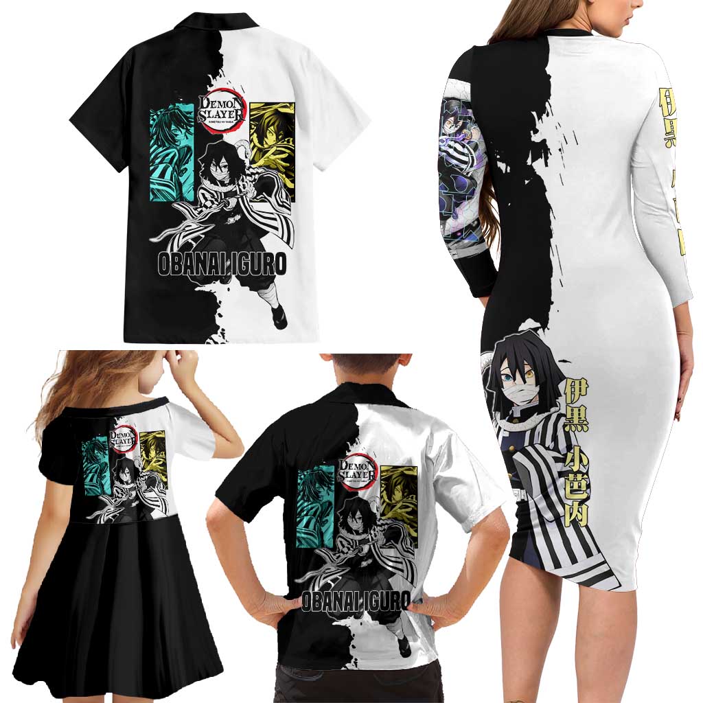 Obanai Iguro from Demon Slayer Family Matching Long Sleeve Bodycon Dress and Hawaiian Shirt with Black and White Contrast Background and Serpent-Themed Manga Style Design - The Mazicc