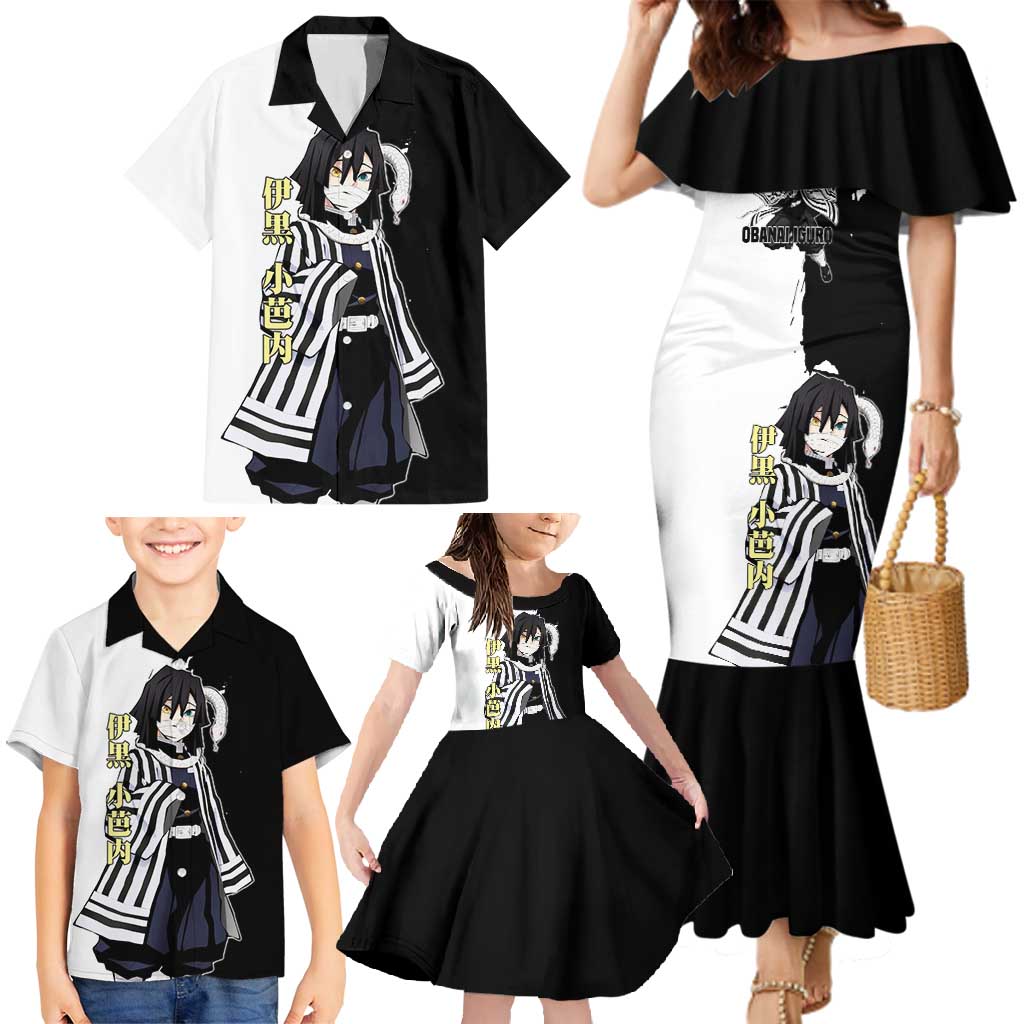 Obanai Iguro from Demon Slayer Family Matching Mermaid Dress and Hawaiian Shirt with Black and White Contrast Background and Serpent-Themed Manga Style Design - The Mazicc