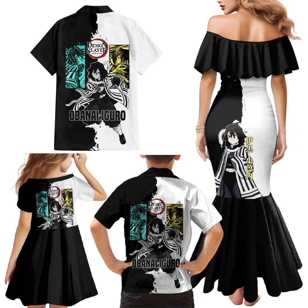 Obanai Iguro from Demon Slayer Family Matching Mermaid Dress and Hawaiian Shirt with Black and White Contrast Background and Serpent-Themed Manga Style Design - The Mazicc