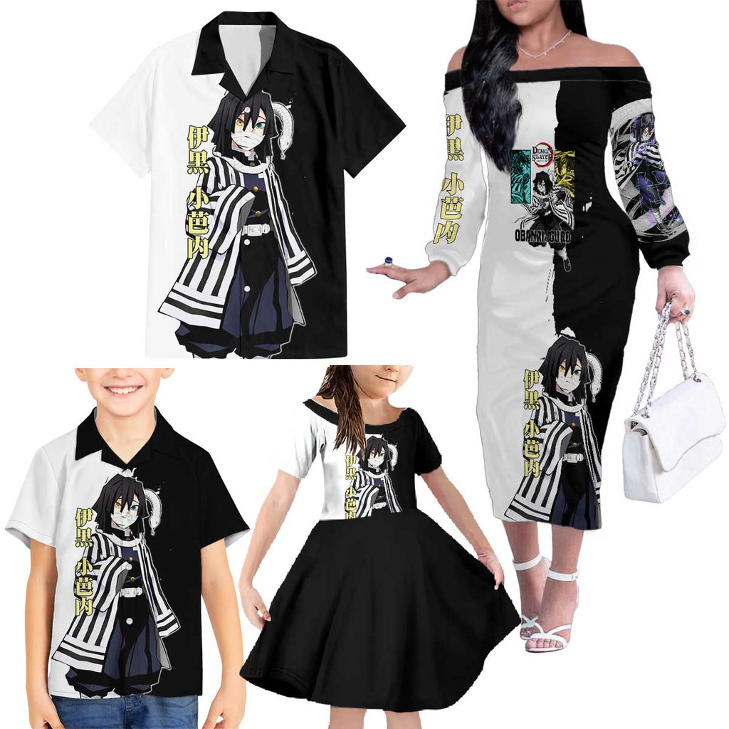 Obanai Iguro from Demon Slayer Family Matching Off The Shoulder Long Sleeve Dress and Hawaiian Shirt with Black and White Contrast Background and Serpent-Themed Manga Style Design - The Mazicc