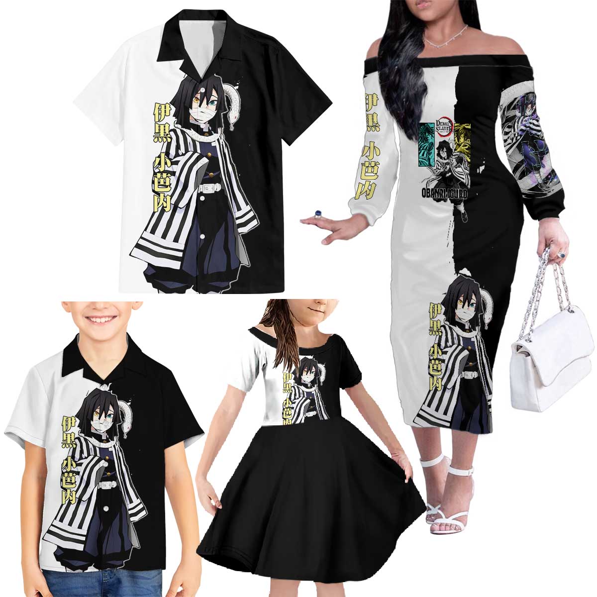 Obanai Iguro from Demon Slayer Family Matching Off The Shoulder Long Sleeve Dress and Hawaiian Shirt with Black and White Contrast Background and Serpent-Themed Manga Style Design - The Mazicc