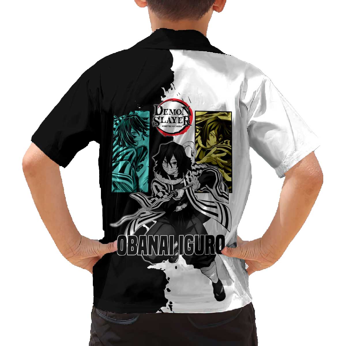 Obanai Iguro from Demon Slayer Family Matching Off The Shoulder Long Sleeve Dress and Hawaiian Shirt with Black and White Contrast Background and Serpent-Themed Manga Style Design - The Mazicc
