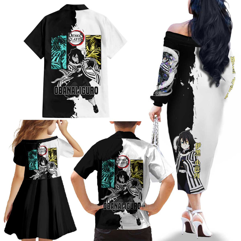 Obanai Iguro from Demon Slayer Family Matching Off The Shoulder Long Sleeve Dress and Hawaiian Shirt with Black and White Contrast Background and Serpent-Themed Manga Style Design - The Mazicc
