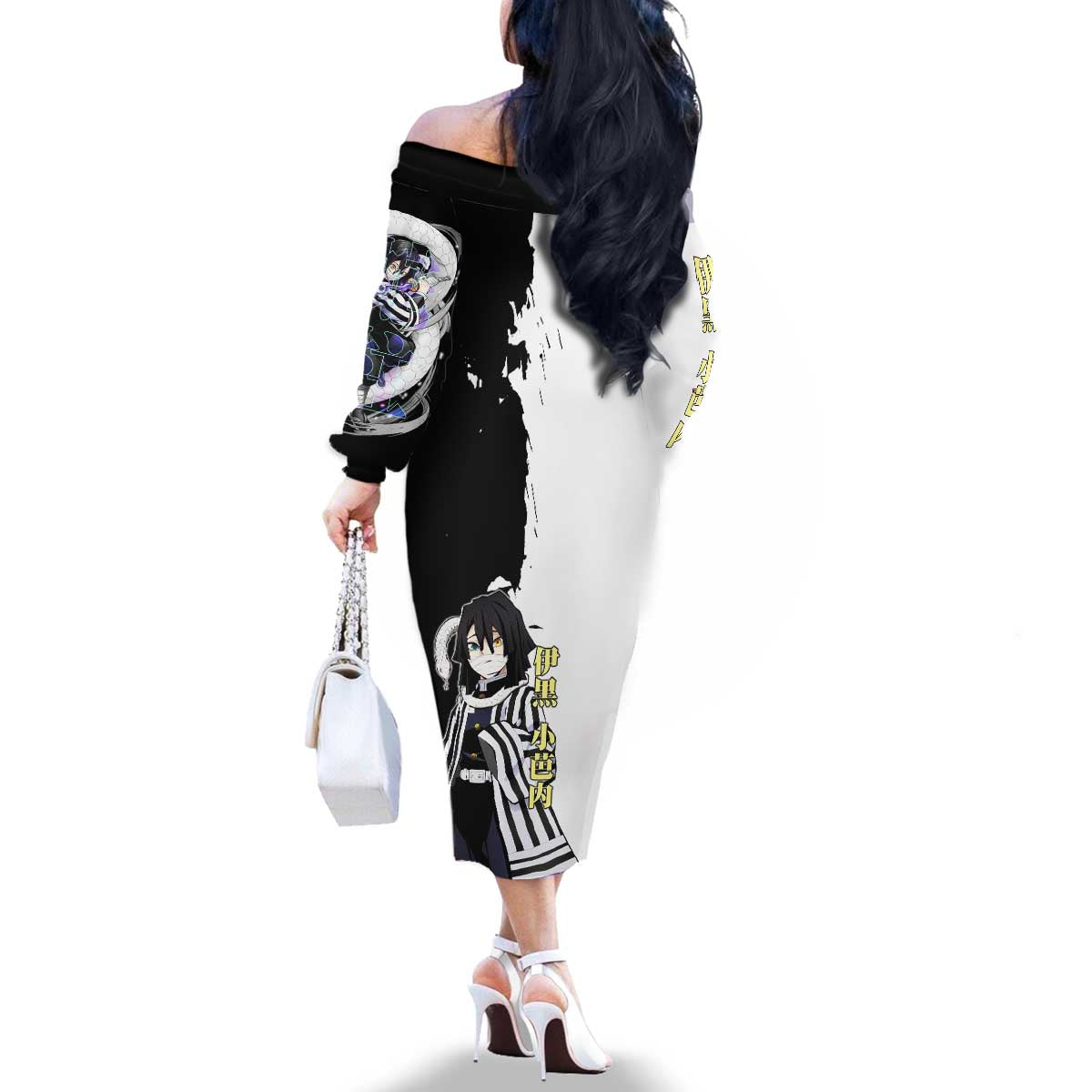 Obanai Iguro from Demon Slayer Family Matching Off The Shoulder Long Sleeve Dress and Hawaiian Shirt with Black and White Contrast Background and Serpent-Themed Manga Style Design - The Mazicc