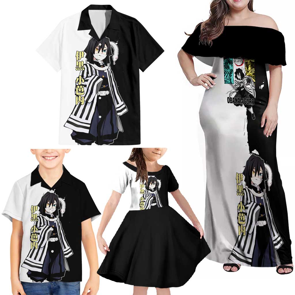 Obanai Iguro from Demon Slayer Family Matching Off Shoulder Maxi Dress and Hawaiian Shirt with Black and White Contrast Background and Serpent-Themed Manga Style Design - The Mazicc