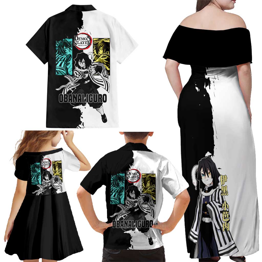 Obanai Iguro from Demon Slayer Family Matching Off Shoulder Maxi Dress and Hawaiian Shirt with Black and White Contrast Background and Serpent-Themed Manga Style Design - The Mazicc