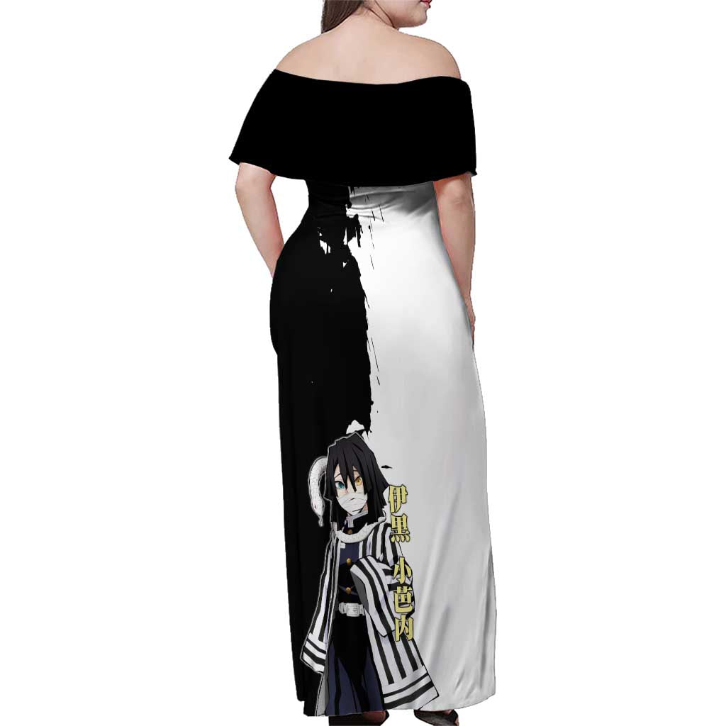 Obanai Iguro from Demon Slayer Family Matching Off Shoulder Maxi Dress and Hawaiian Shirt with Black and White Contrast Background and Serpent-Themed Manga Style Design - The Mazicc