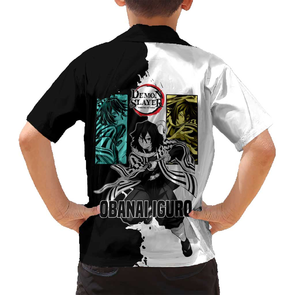 Obanai Iguro from Demon Slayer Family Matching Off Shoulder Short Dress and Hawaiian Shirt with Black and White Contrast Background and Serpent-Themed Manga Style Design - The Mazicc