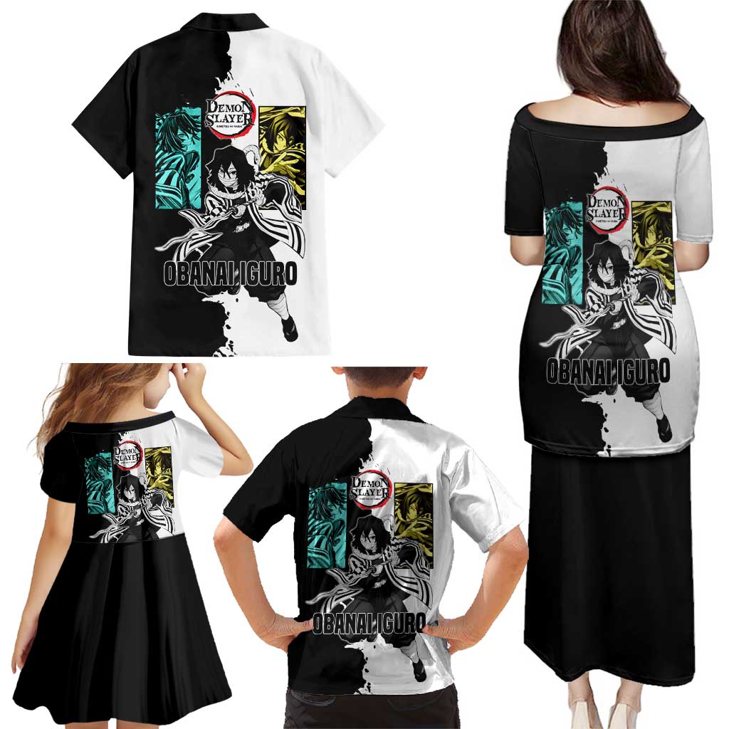 Obanai Iguro from Demon Slayer Family Matching Puletasi and Hawaiian Shirt with Black and White Contrast Background and Serpent-Themed Manga Style Design - The Mazicc