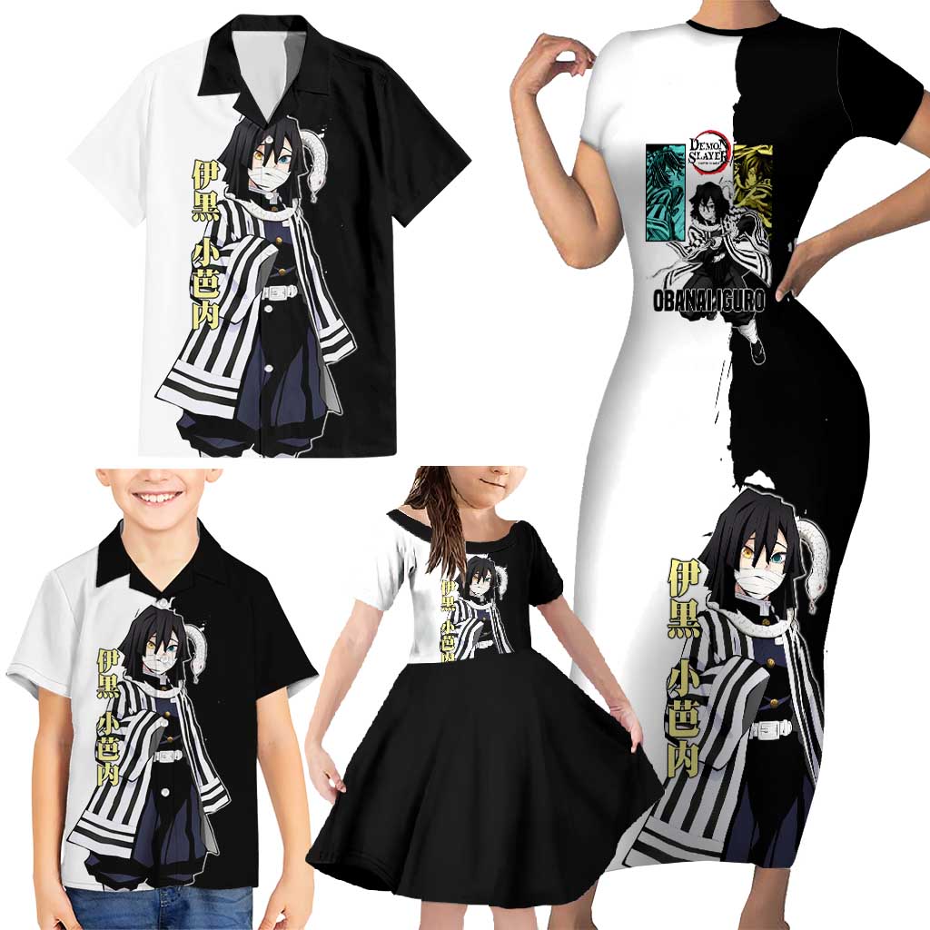 Obanai Iguro from Demon Slayer Family Matching Short Sleeve Bodycon Dress and Hawaiian Shirt with Black and White Contrast Background and Serpent-Themed Manga Style Design - The Mazicc