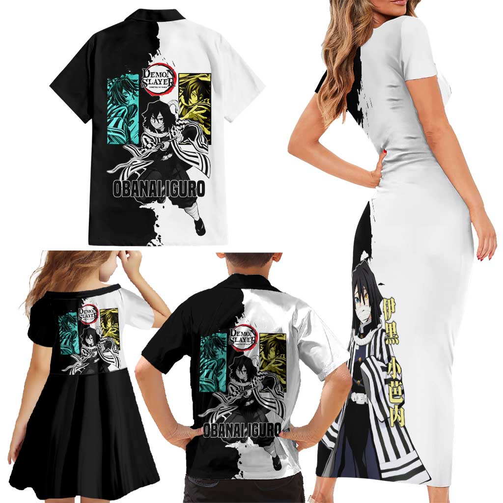 Obanai Iguro from Demon Slayer Family Matching Short Sleeve Bodycon Dress and Hawaiian Shirt with Black and White Contrast Background and Serpent-Themed Manga Style Design - The Mazicc