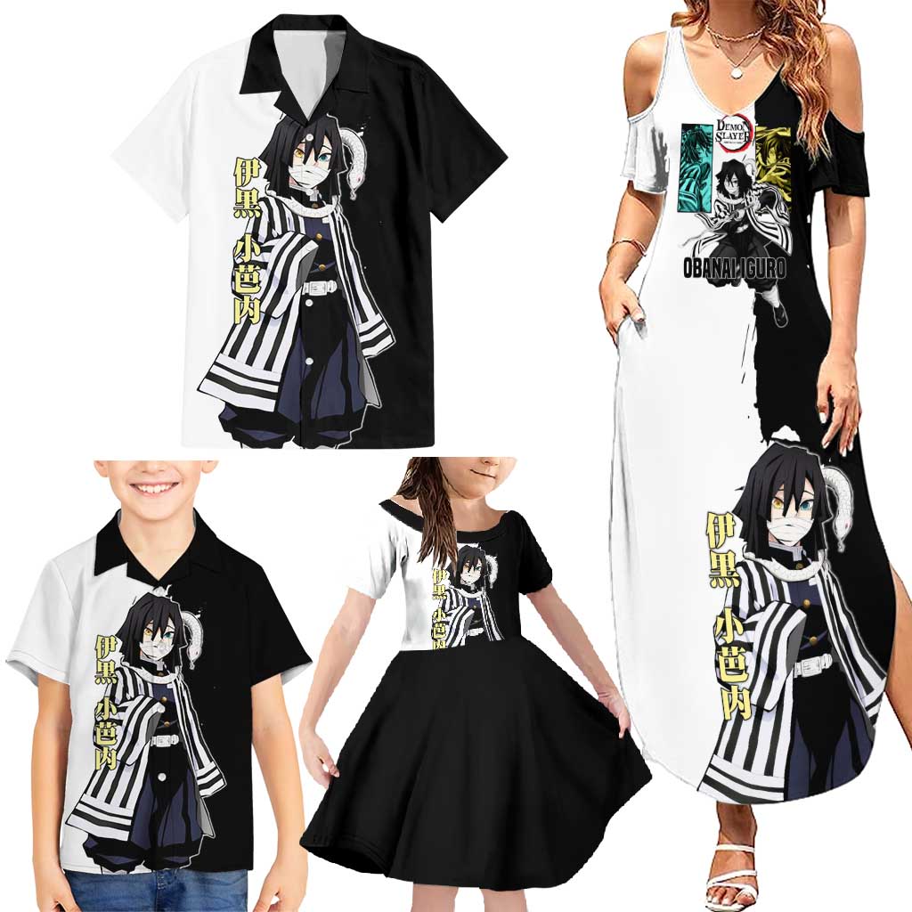 Obanai Iguro from Demon Slayer Family Matching Summer Maxi Dress and Hawaiian Shirt with Black and White Contrast Background and Serpent-Themed Manga Style Design - The Mazicc