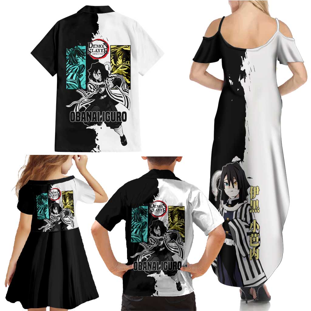 Obanai Iguro from Demon Slayer Family Matching Summer Maxi Dress and Hawaiian Shirt with Black and White Contrast Background and Serpent-Themed Manga Style Design - The Mazicc