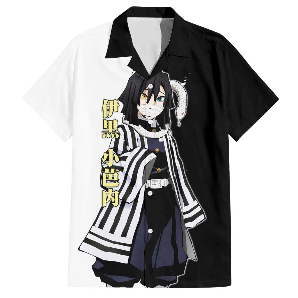 Obanai Iguro from Demon Slayer Family Matching Summer Maxi Dress and Hawaiian Shirt with Black and White Contrast Background and Serpent-Themed Manga Style Design - The Mazicc