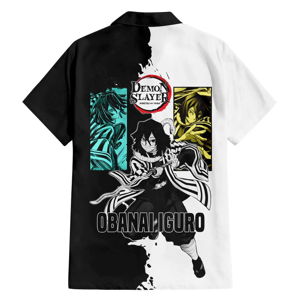 Obanai Iguro from Demon Slayer Family Matching Summer Maxi Dress and Hawaiian Shirt with Black and White Contrast Background and Serpent-Themed Manga Style Design - The Mazicc