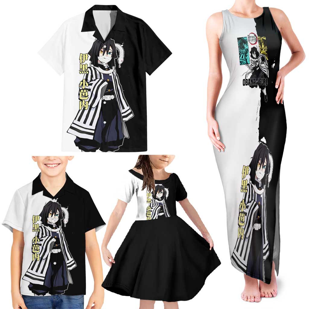 Obanai Iguro from Demon Slayer Family Matching Tank Maxi Dress and Hawaiian Shirt with Black and White Contrast Background and Serpent-Themed Manga Style Design - The Mazicc