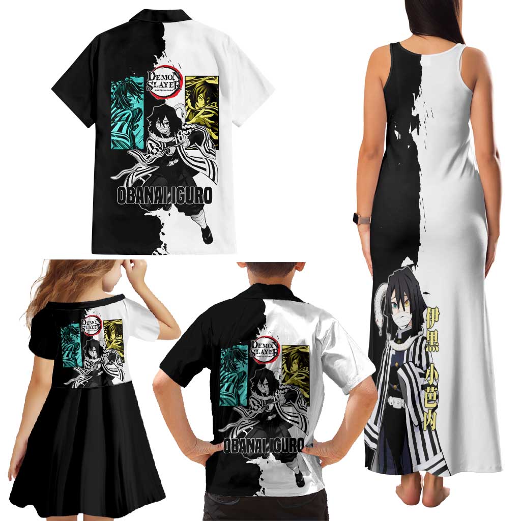 Obanai Iguro from Demon Slayer Family Matching Tank Maxi Dress and Hawaiian Shirt with Black and White Contrast Background and Serpent-Themed Manga Style Design - The Mazicc