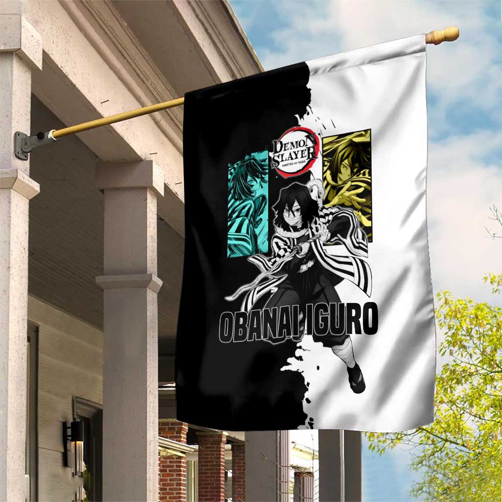 Obanai Iguro from Demon Slayer Garden Flag with Black and White Contrast Background and Serpent-Themed Manga Style Design - The Mazicc
