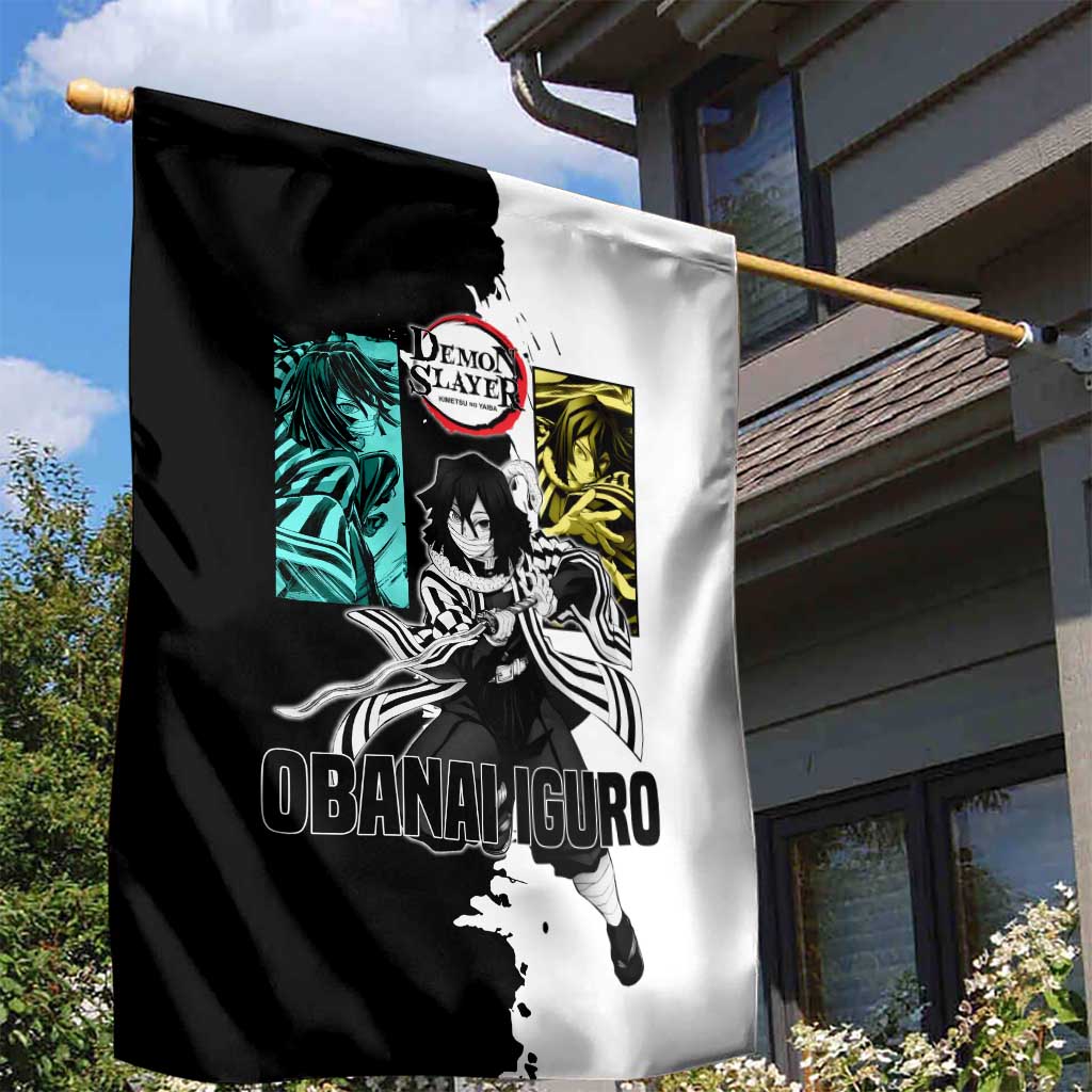 Obanai Iguro from Demon Slayer Garden Flag with Black and White Contrast Background and Serpent-Themed Manga Style Design - The Mazicc