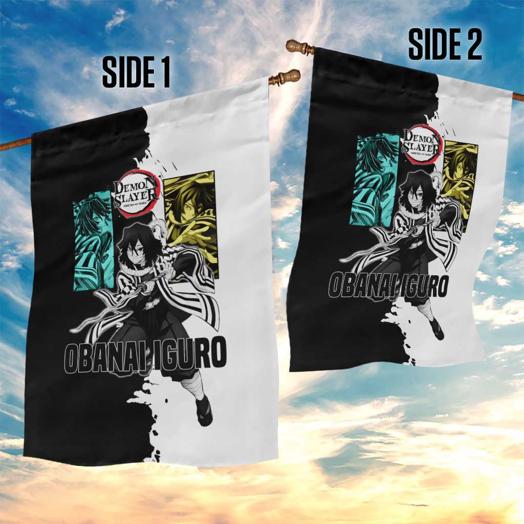 Obanai Iguro from Demon Slayer Garden Flag with Black and White Contrast Background and Serpent-Themed Manga Style Design - The Mazicc